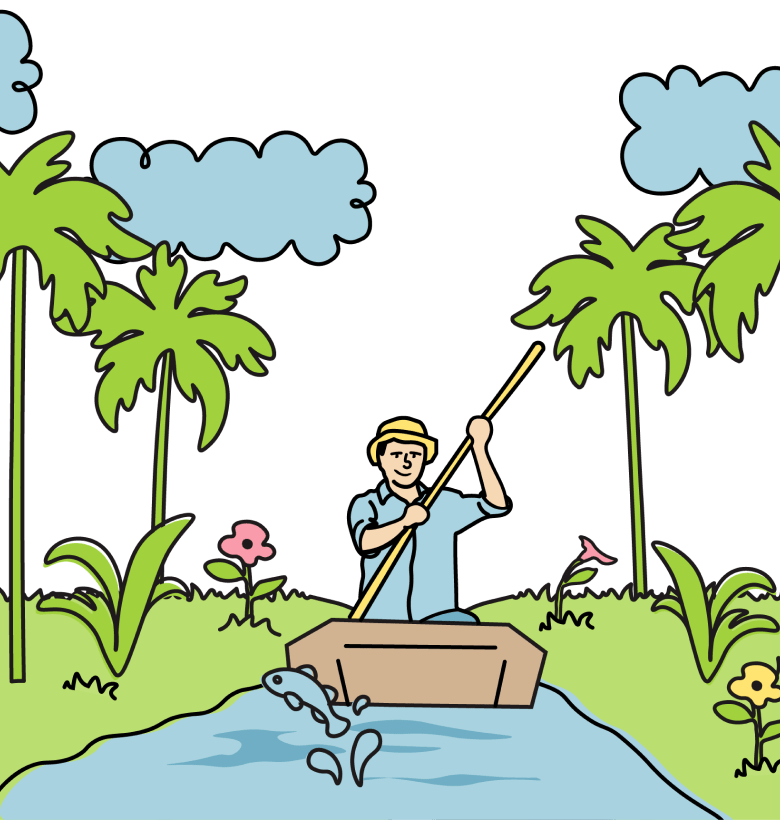 Illustration of man canoeing down a river