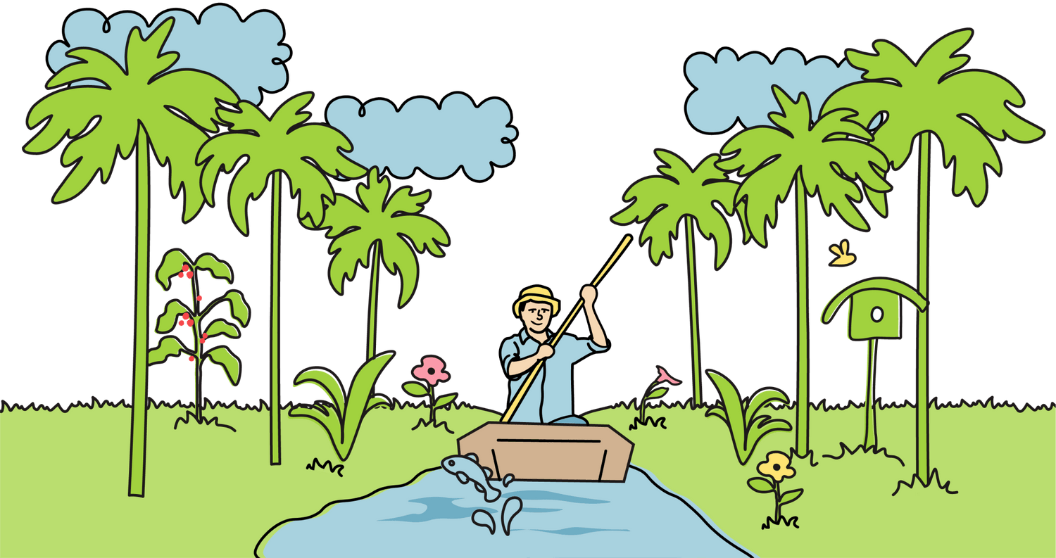 Illustration of man canoeing down a river