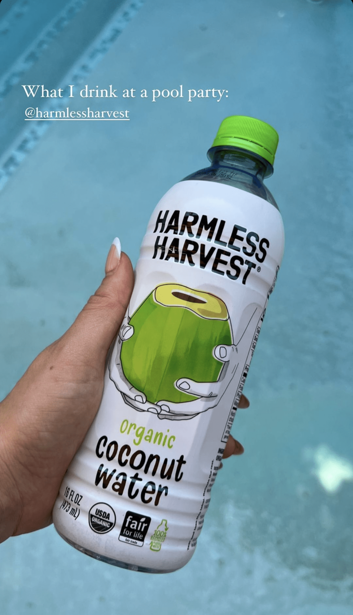 Person holding Harmless Harvest Organic Coconut Water over a pool. Caption: What I drink at a pool party @harmlessharvest.