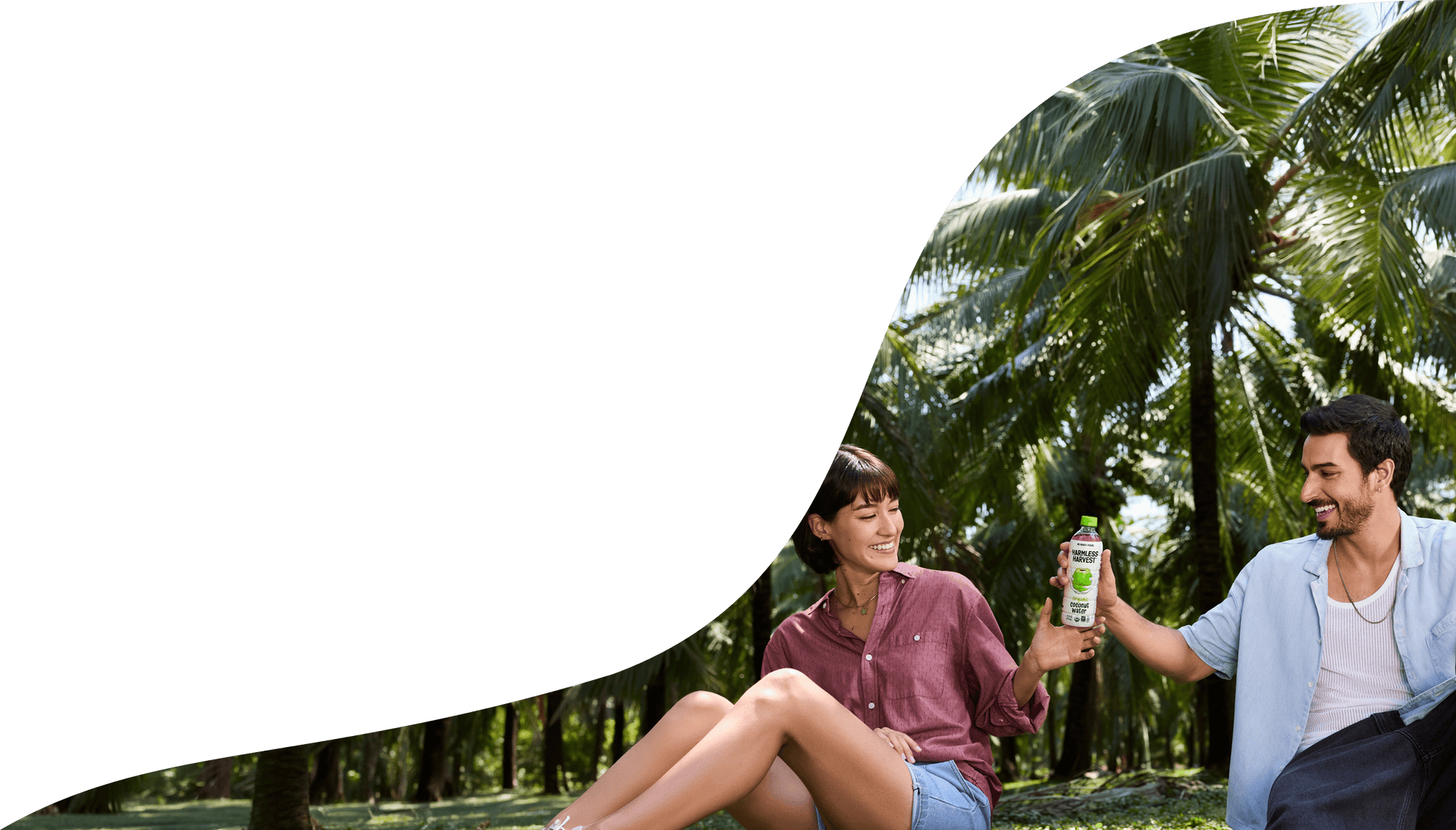 Man handing a bottle of Harmless Harvest to woman in a coconut grove