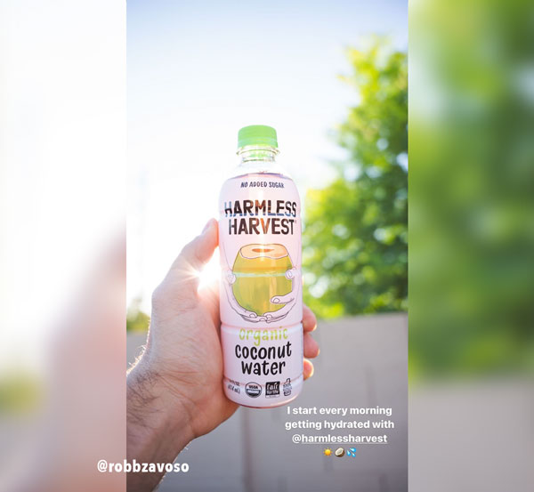Harmless Harvest Organic Coconut Water fan photo by @robbzavoso. Caption: "I start every morning getting hydrated with @harmlessharvest"
