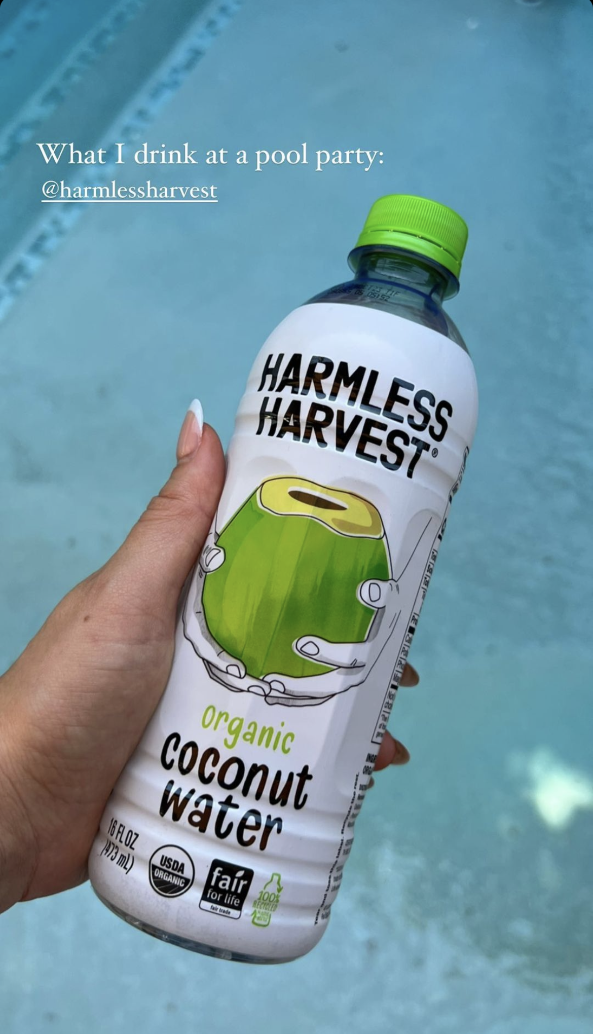 Person holding Harmless Harvest Organic Coconut Water over a pool. Caption: What I drink at a pool party @harmlessharvest.